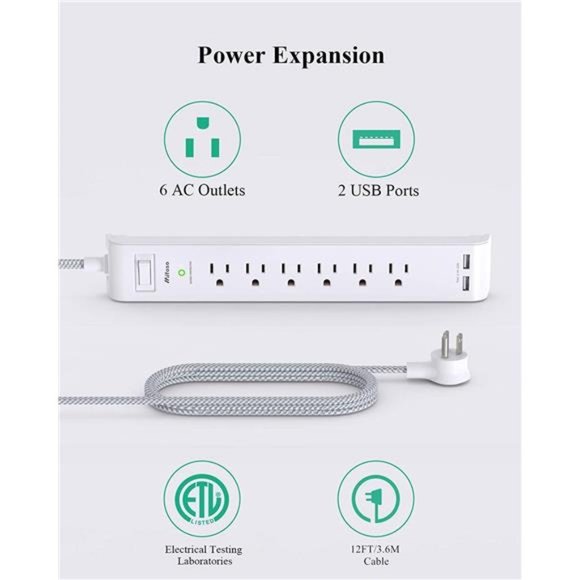 2 Pack Power Strip - 12FT Long Extension Cord with 6 Outlets and 2 USB - Picture 2 of 6